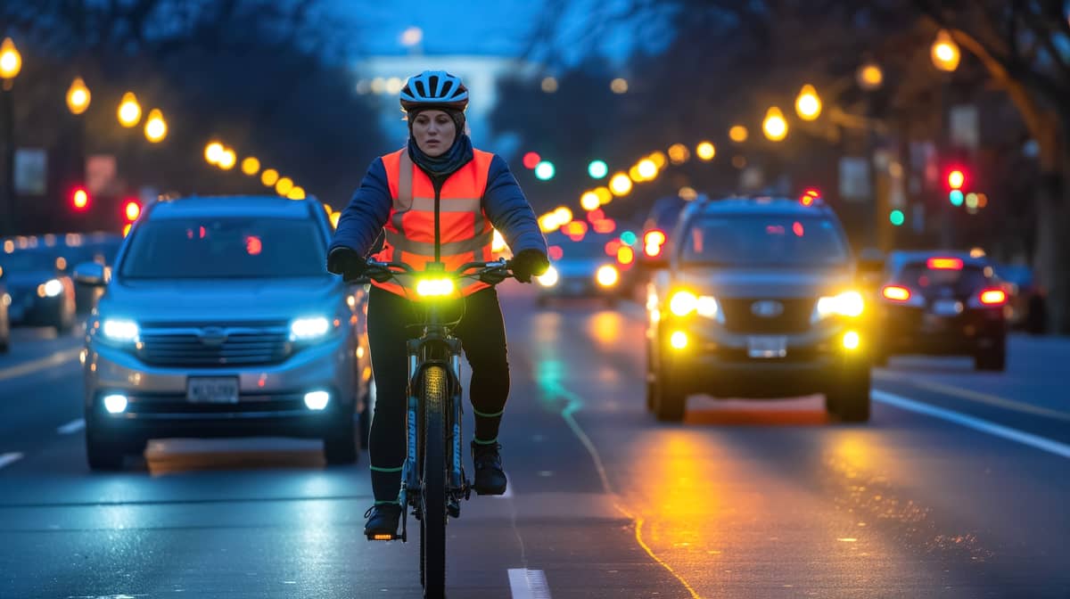 Radfahrerin mit Helm und Warnweste im Stadtverkehr