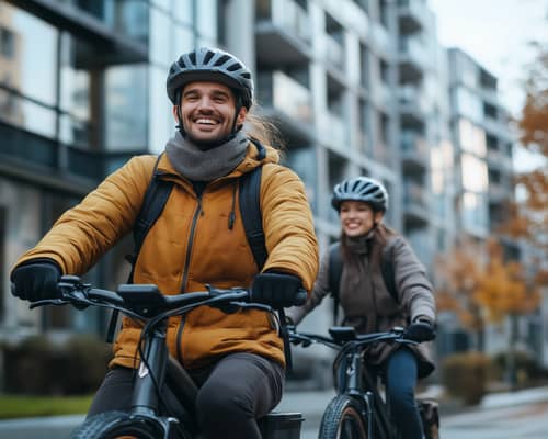 Paar fährt lachend auf Fahrrädern durch die Stadt