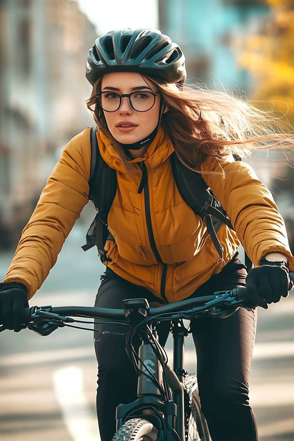 Junge Frau mit Fahrradhelm auf E-Bike in der Stadt