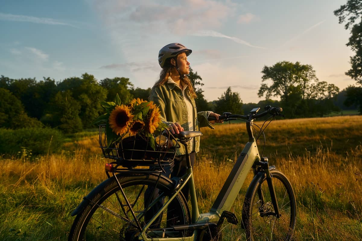 Frau mit Fahrrad und Fahrradkorb mit Sonnenblumen steht auf Feld